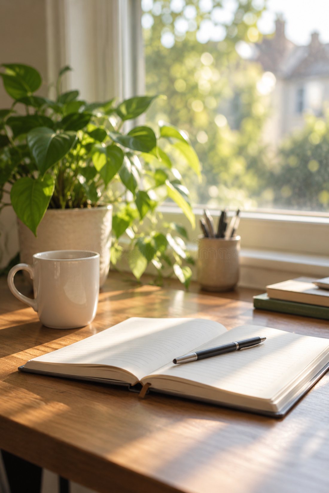 A sunlit desk with an open notebook, pen, mug and a houseplant by a window